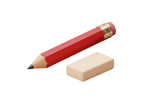 Isolated 3D Render of Red Pencil and Beige Eraser on White Background