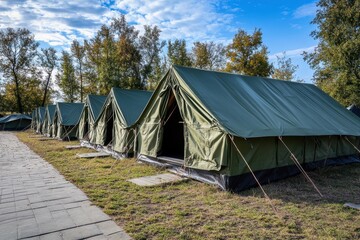 Spacious Military Tents Set Up for Youth Adventure Camp on Paved Ground: Comfortable Green Canvas Accommodations for Meetings and Holidays