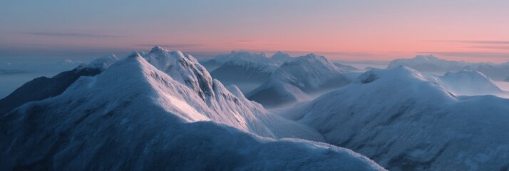 Serene snow-covered mountain peaks at sunrise with pink and purple sky
