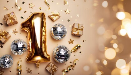 Golden 1-Year Anniversary and Birthday Celebration with Festive Balloons, Confetti, and Mirror Ball