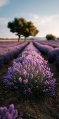 Obraz premium Vibrant lavender field with tree at sunset in provence