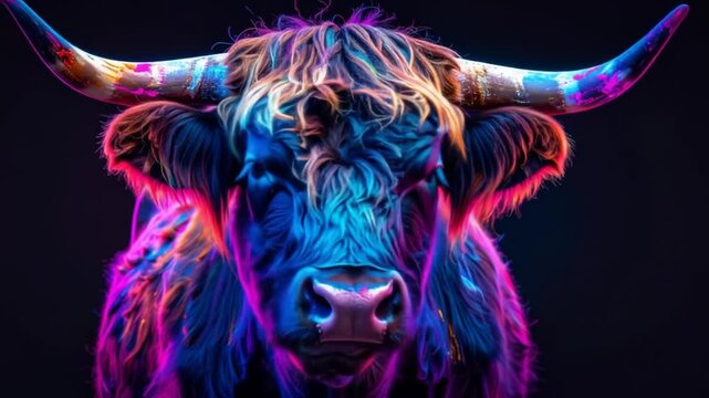 Neon Highland Cow: Vibrant Portrait in Electric Colors