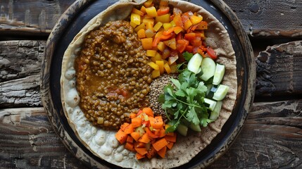 Fototapeta premium Ethiopian injera bread spicy lentil stew and sauted vegetables