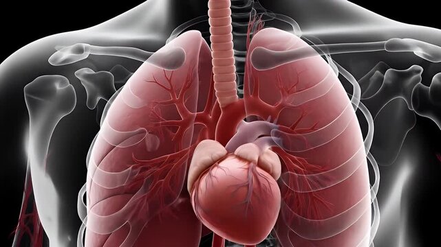 3D medical illustration of the human respiratory system highlighting the lungs and heart within chest cavity.