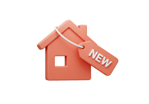 Isolated 3D Render of a House with a 'New' Tag Indicating a New Property Listing
