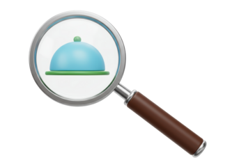 Isolated 3D Render of a Magnifying Glass over a Cloche Food Cover Icon, Representing Food Search