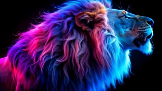 Neon Lion Roar: Majestic Feline with Vibrant Colors on Black Background