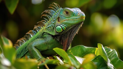 Fototapeta premium Majestic Male Green Iguana: A Rainforest Reptile with Distinct Jowls from Aruba