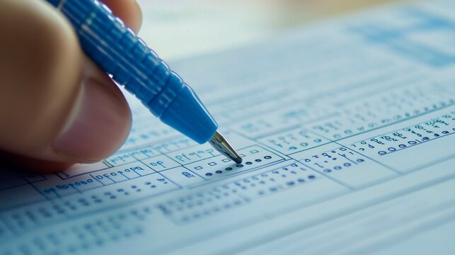 Close-up of pen marking bubbles on a standardized test answer sheet, selective focus on the form and dots&mdash;education, assessment, and exam concept.
