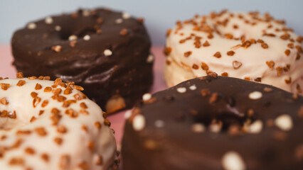 A vibrant selection of assorted donuts with various toppings and glazes, perfect for bakeries, cafés, or dessert promotions. Professional food photography with bright lighting