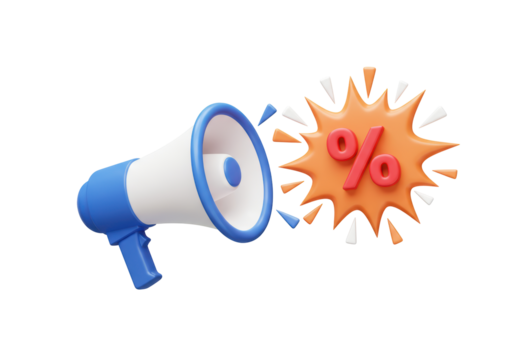 Isolated 3D Render of a Megaphone with a Percentage Symbol Burst, Representing Discount and Sales Announcement - Powered by Adobe