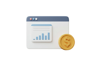 Isolated 3D Render of Web Browser Interface with Financial Graph and Golden Coin Icon