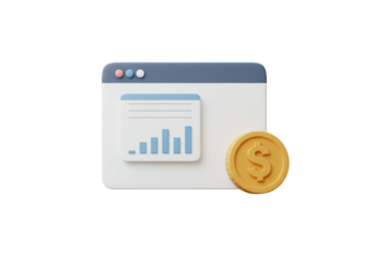 Isolated 3D Render of Web Browser Interface with Financial Graph and Golden Coin Icon