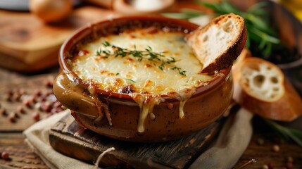 French onion soup a rustic ceramic bowl topped with melted cheese and golden bread cozy restaurant setting