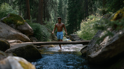 A young man crossing a bridge in a scenic park