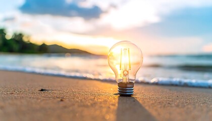 Glowing lightbulb on beach at sunset