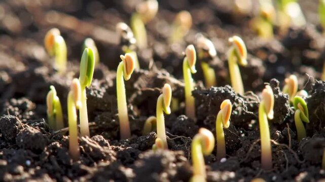 Close-up of tiny green seedlings emerging from dark soil, representing new life and growth in nature