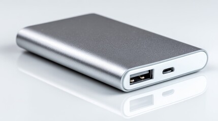 Portable Charger On Reflective Surface Detailed Close Up Product Photography Of A Sleek Power Bank For Smartphones And Tablets, Usb C And Usb A Ports