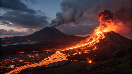 Fototapeta premium Volcanic eruption with lava flow at night in a scenic landscape