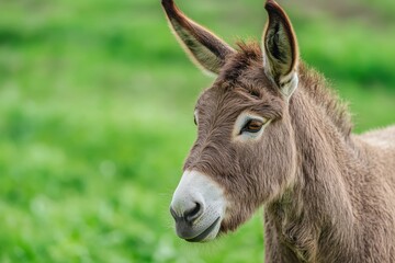 Fototapeta premium Soft Grey Donkey Portrait Against Vibrant Green Backdrop, Capturing Nature's Charm in Wildlife Photography