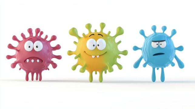Playful 3D Germ Characters: Whimsical Cartoons of Bacteria and Viruses on a Clean White Canvas