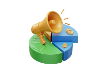 Isolated 3D Business Financial Breakdown Concept with Pie Chart, Megaphone, and Dollar Signs