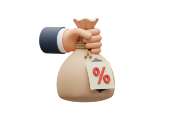 Isolated 3D Businessman Hand Holding a Money Bag with a Red Percentage Tag