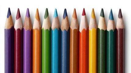 Close up View of a Row of Colored Pencils Arranged on a White Background