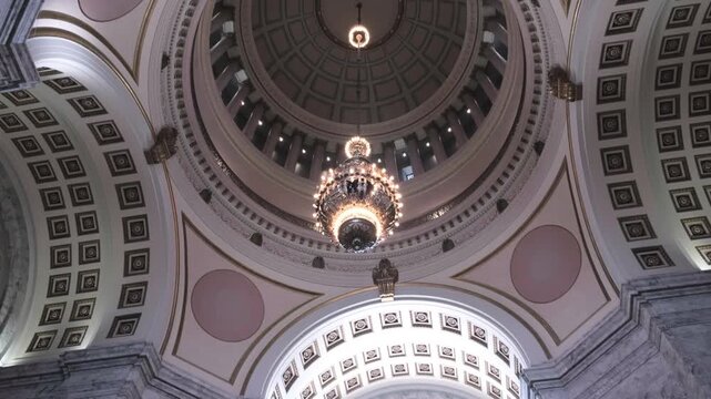 Olympia WA USA, July 19, 2025 - Ceiling with chandelier inside the Capitol building in Olympia, Washington, USA