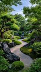 Serene garden path winding through lush greenery