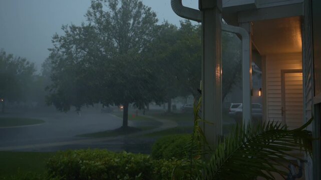 Heavy rain falls on quiet suburban street on residential area, strong wind and lightening create scary atmosphere. View from the house