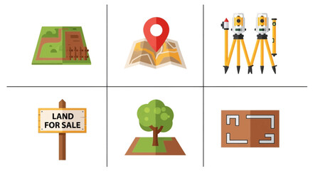 A collection of six flat design icons related to land, real estate, and surveying.