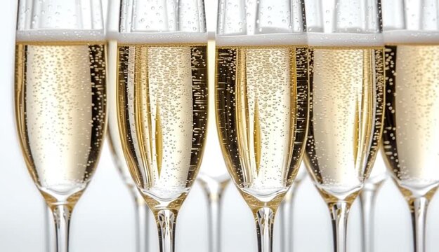 several champagne flutes filled with sparkling wine, arranged in neat rows, reflections and light refractions in the glass, bright and festive atmosphere
