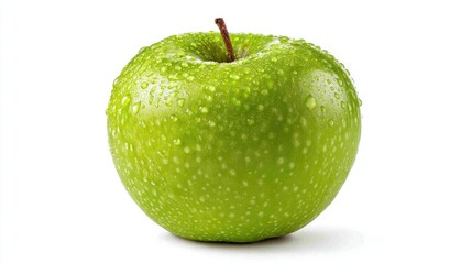 Close Up View Of A Single Green Apple Covered In Water Droplets On A White Background