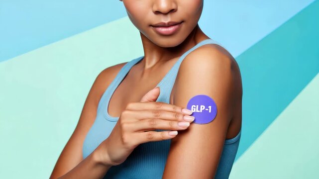 GLP-1 patch on arm, semaglutide drug delivery, weight loss treatment, wearable health technology, hormone therapy, metabolic support, modern medicine, obesity management