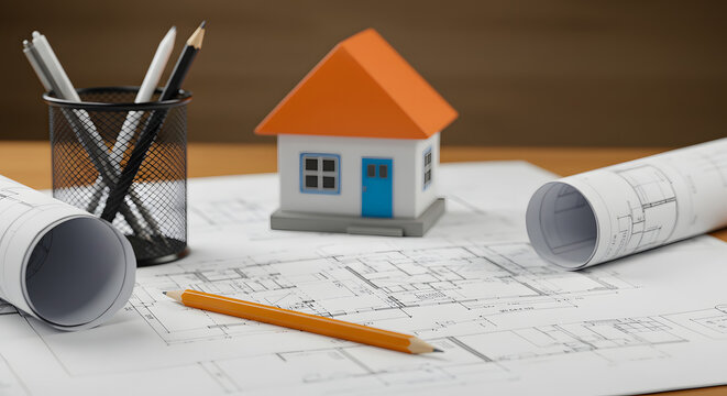 Architectural blueprints and a model house on a desk with drawing tools.