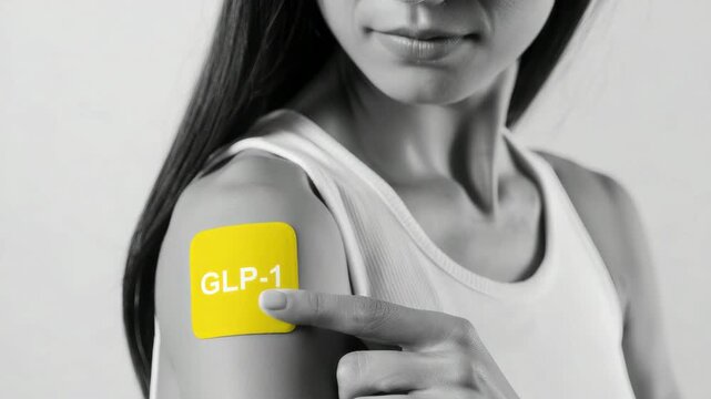 GLP-1 yellow patch on arm, semaglutide delivery system, weight loss therapy, modern hormone treatment, wearable medication, metabolic health support, innovative drug application