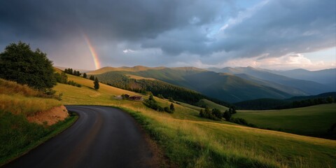 Obraz premium Scenic mountain landscape with rainbow and winding road under dramatic sky