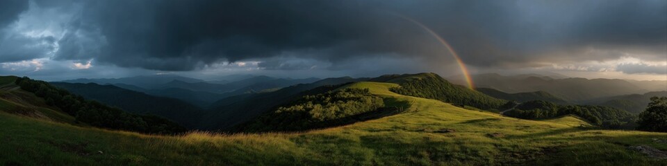 Fototapeta premium Panoramic view of green hills with rainbow under dark cloudy sky at sunset