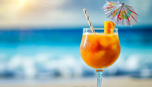 Tropical cocktail in wine glass with orange drink, paper umbrella garnish and white striped straw, beautiful turquoise ocean background