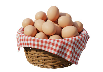 Isolated Wicker Basket Filled with Farm Fresh Eggs and Checkered Cloth
