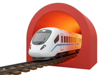 Isolated White High-Speed Train Exiting a Red Tunnel, Transportation Concept