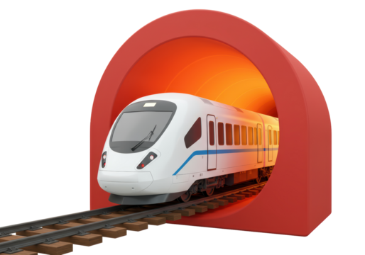 Isolated White High-Speed Train Exiting a Red Tunnel, Transportation Concept