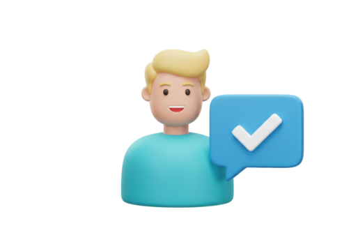 Isolated 3D Render of a Man with a Speech Bubble and Checkmark Icon