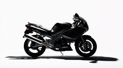 Obraz premium Powerful Sportbike Motorcycle Studio Shot Sleek Design, Chrome Accents, And Dynamic Shadow Effects On White Background. High Contrast Profile View Of