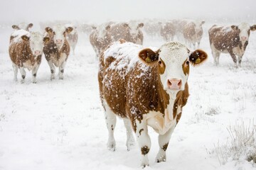 Hereford Cattle Herd in Winter Wonderland: Cows Grazing Amidst Snowy Landscape on a Ranch
