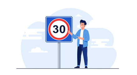 Cartoon man pointing to a 30 speed limit sign for road safety awareness campaign