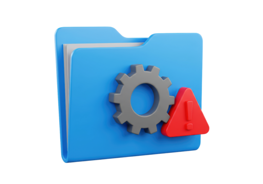 Isolated 3D Render of a Folder with Gear and Warning Triangle Icon, System Error Concept