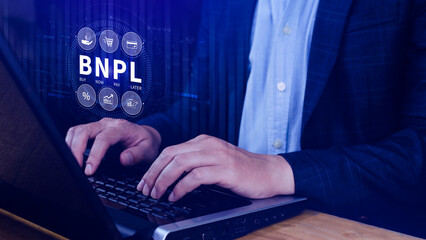 BNPL, Buy Now Pay Later concept. using with icons of BNPL with online shopping icons technology....