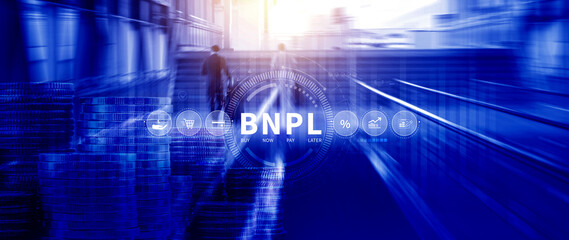 BNPL, Buy Now Pay Later concept. using with icons of BNPL with online shopping icons technology. BNPL buy now pay later online shopping concept.